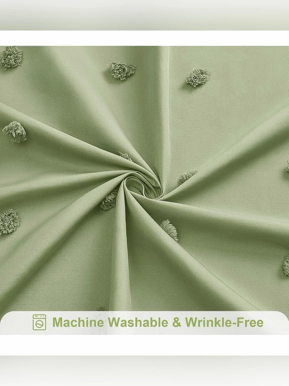 Washable cloth shower curtain. Sage Boho style with tassels. Bathroom home decor